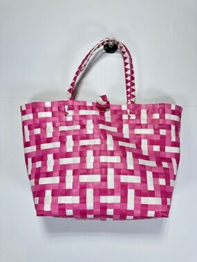 Woven Tote Bag Pink White Checker Pattern Lightweight Market Carryall